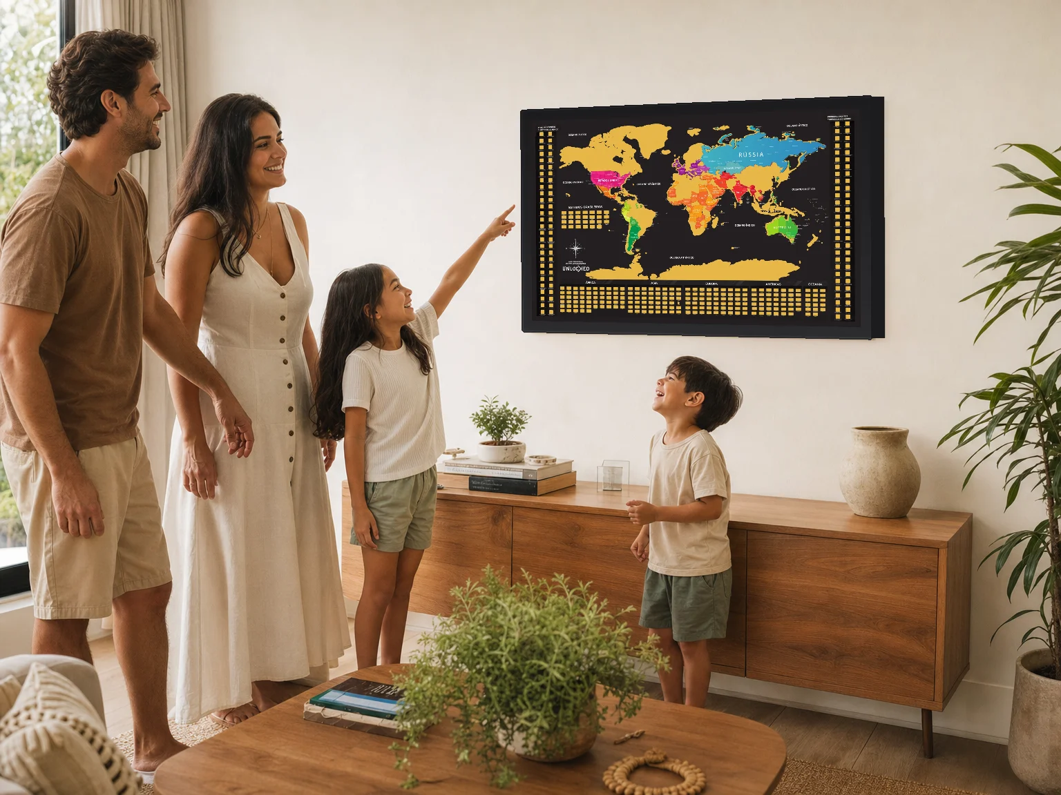 Família apontando para o Mapa Mundi de raspar na parede da sala