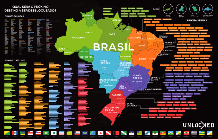 Mapa do Brasil de raspar da Unlocked com as cores reveladas