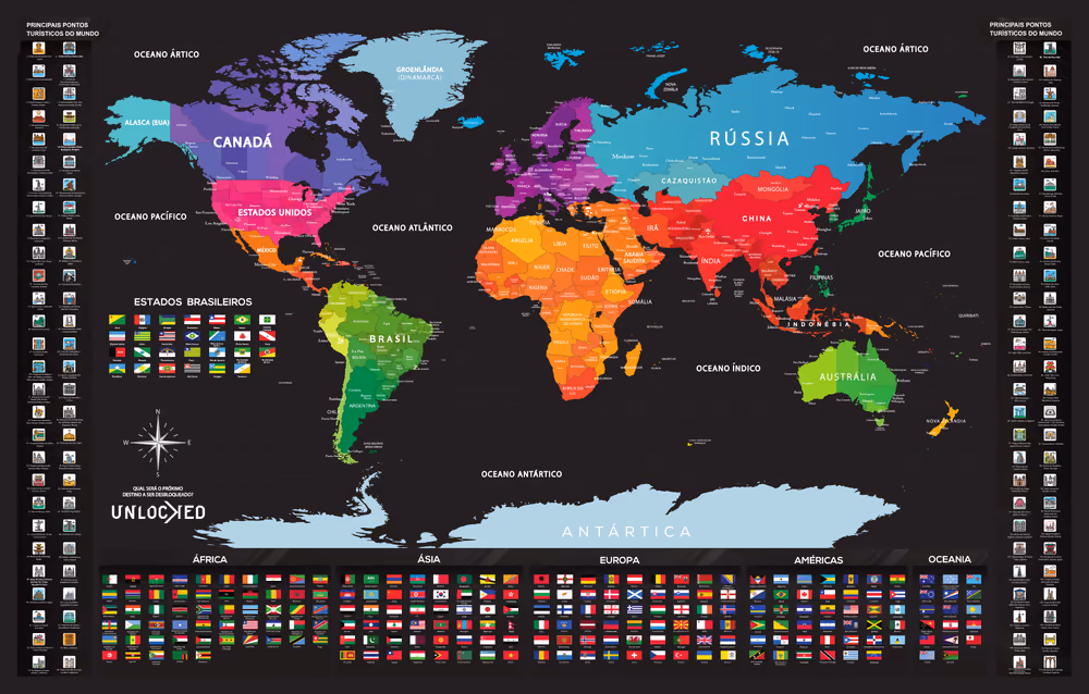 Mapa Mundi de raspar da Unlocked com as cores reveladas
